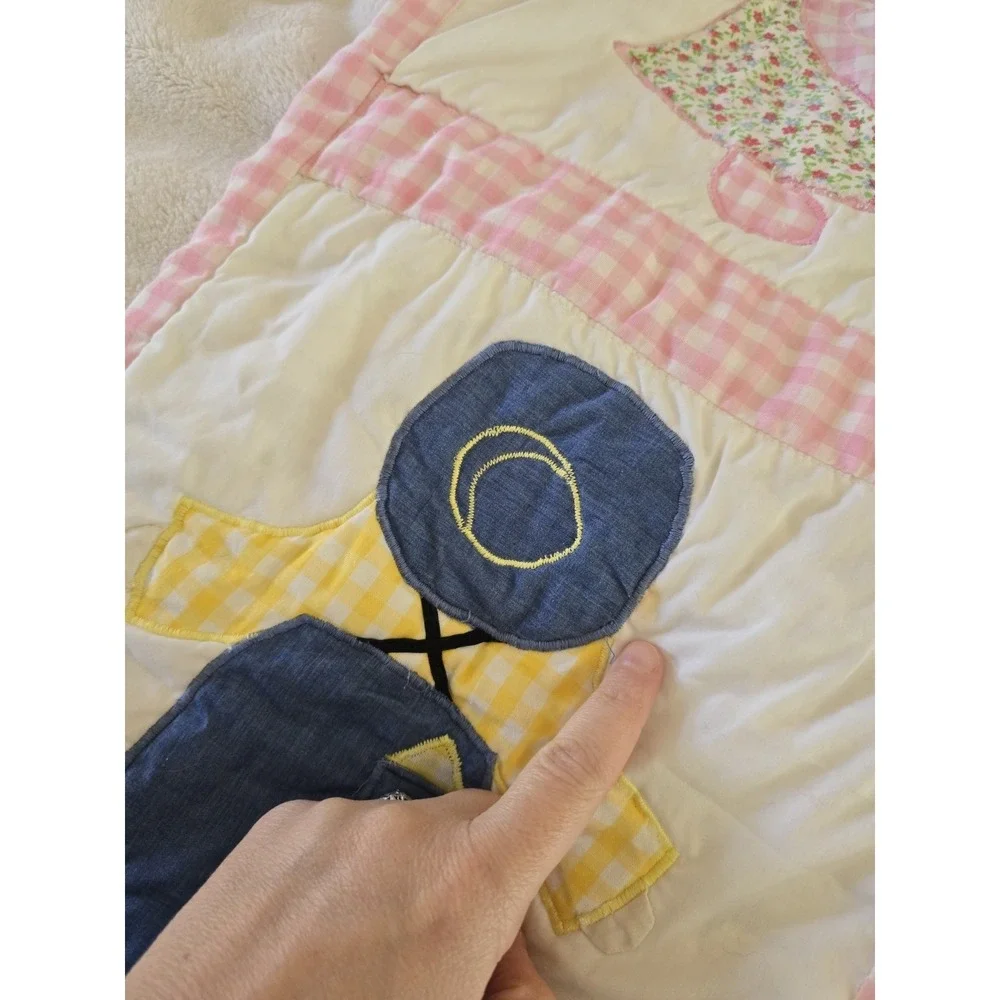 Vintage Handmade Sunbonnet Sue and Overall Bill Baby Quilt Stains Cutter 33x46